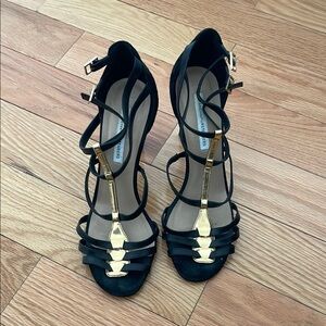 DVF Diane Von Furstenberg Black and Gold Strappy Sandals